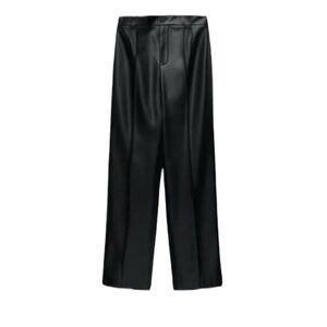 ZARA Womens Black Faux Leather High Waist Relaxed Straight Pants MEDIUM